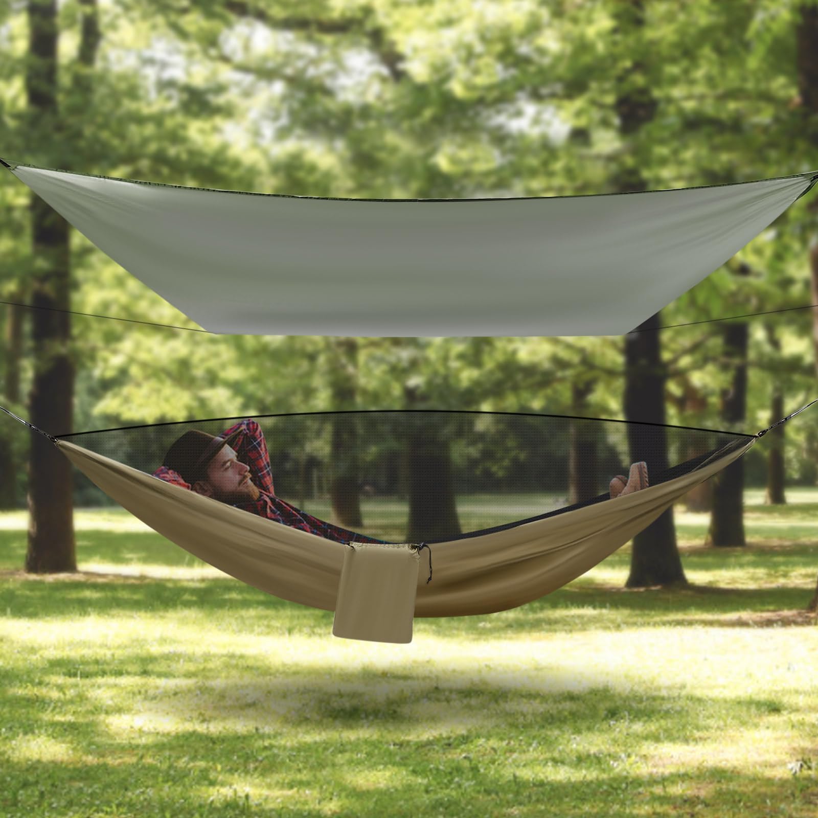 Amaca da campeggio con zanzariera e telone per tenda, traspirante, in nylon e poliestere, da viaggio, portata 200 kg, 2,9 x 1,4 m (verde militare)