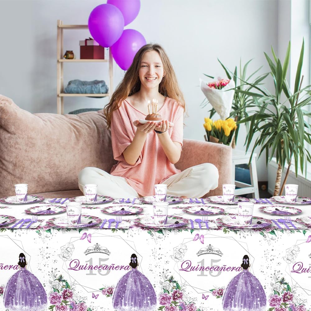 194pcs Quinceanera Decorations 15th Birthday Decorations Party Plates, Cup, Napkin, Tablecloth, Tableware, Purple Disposable Quinceanera Birthday Party Supplies Plates Serve 24 Guests