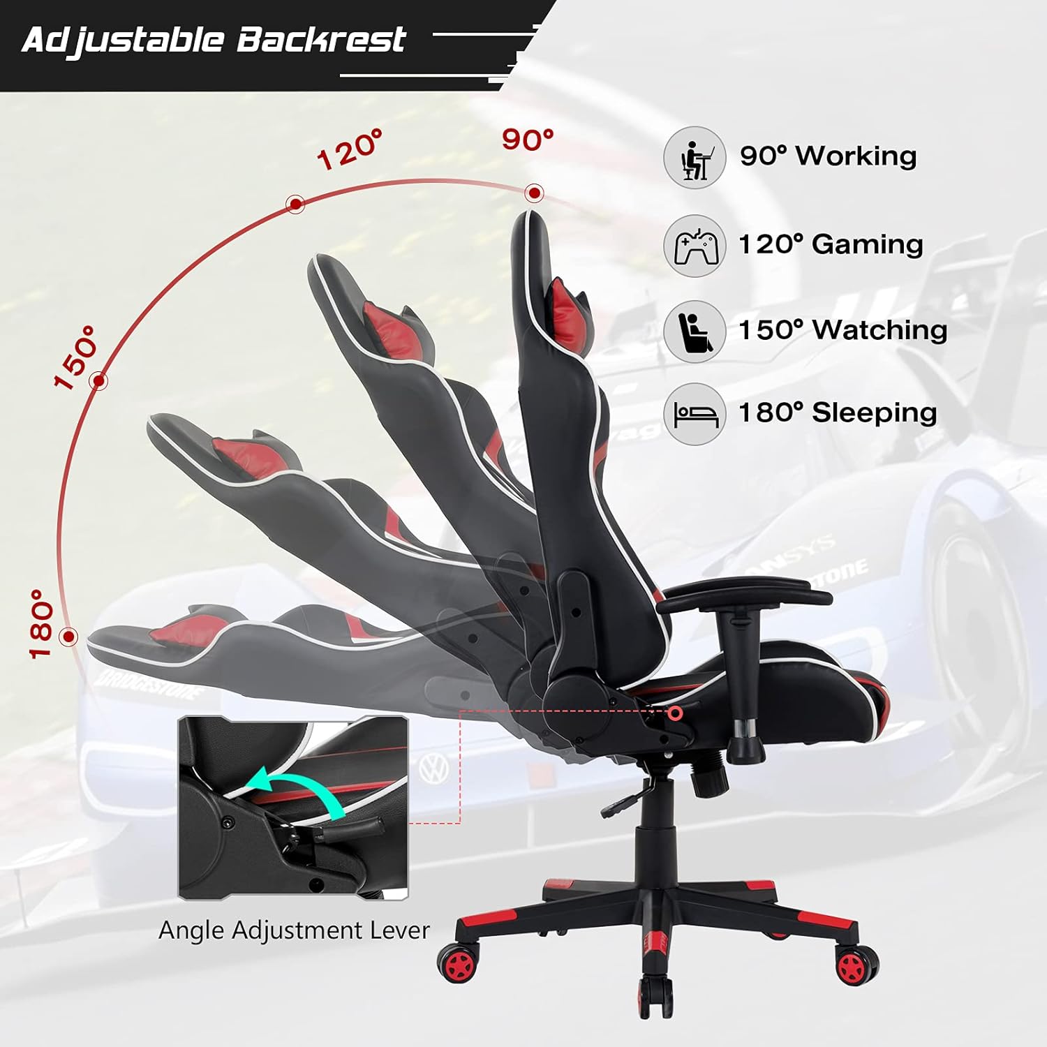 GYMAX Gaming Chair, Massage Gaming Chairs for Adults with Headrest, Lumbar Support & Armrest, Video Computer Reclining Gaming Chair, Office Desk Gamer Task Chair (Red)