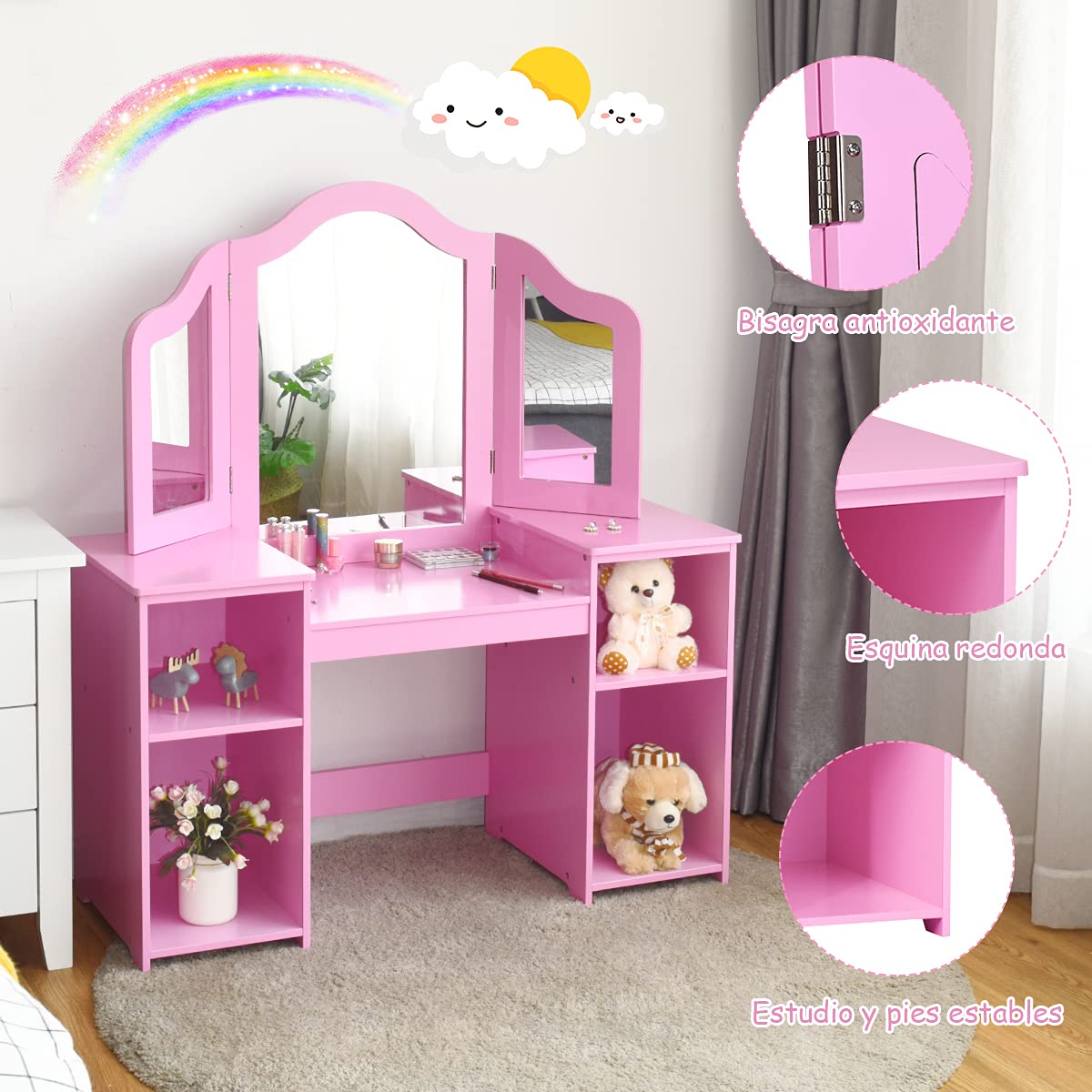 COSTWAY Tocador para Niñas con Compartimentos Abiertos Escritorio con Espejo Extraíble Mueble de MDF Estantería para Libro Juguete Almacenameitno (Rosa)
