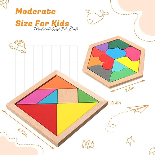 Miniatura 3 de Jerify Paquete de 8 rompecabezas hexagonales de madera para niños, rompecabezas educativo, bloques de forma, patrón geométrico, tangram,