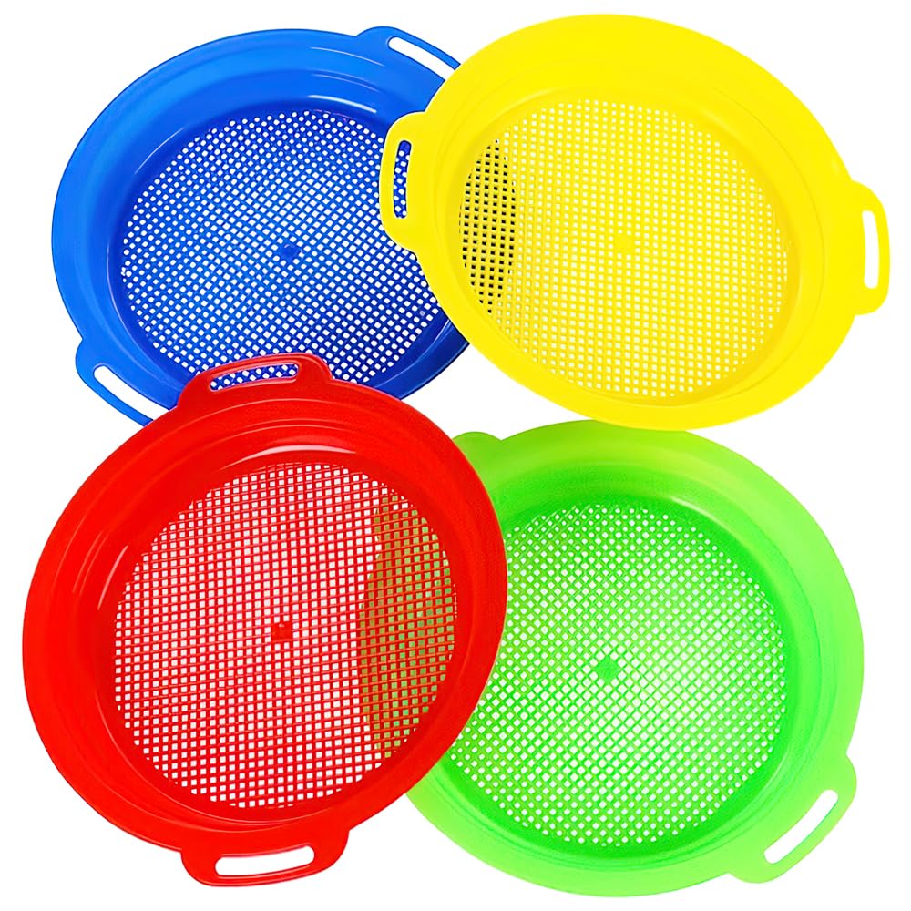 RNPKZ Beach Sand Sifters, 4 Pack Sand Beach Set for Kids, Garden Sieve for Soil Toy Set, Sand Sifter for Beach, Backyard, Park, Complete Gift Set for Kids, Boys, Girls, 8.75 x 9.75 inches (4 Colors)