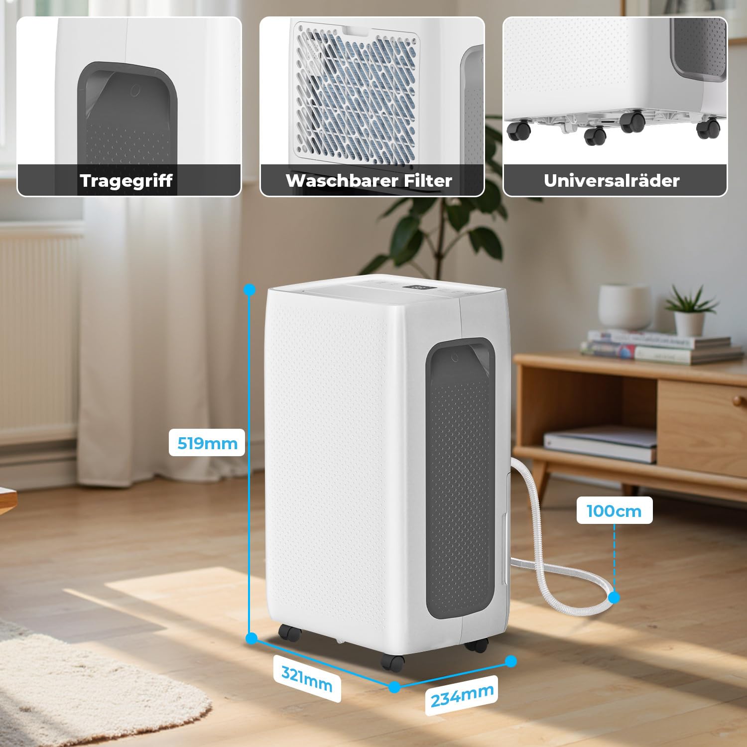 Osuszacz powietrza 26 l/24 h, cichy elektryczny osuszacz powietrza 38 dB, do pomieszczeń o wielkości do 150 m³ (50 m²), osuszacz powietrza z 3 trybami, timer 24 h, zdejmowany zbiornik na wodę