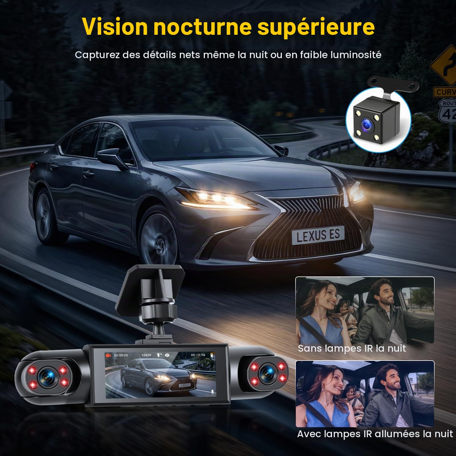 Hikity Caméra de Tableau de Bord pour Tous Les véhicules 4 caméras Écran IPS 3,16" Vision Nocturne 1080P Caméra embarquée Enregistrement en Boucle Enregistreur vidéo Grand Angle