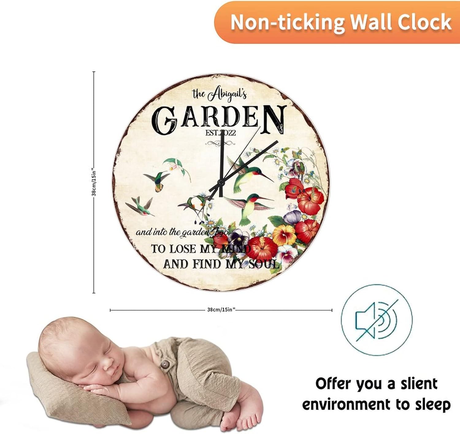 UFunhome CustomWall Clock Retro Kitchen Accessories Decor Hummingbird Wall Clocks Personalized Family Name Battery Operated Silent Non-Ticking Clock Decorative for Patio Pool Bathroom Bedroom 15-Inch