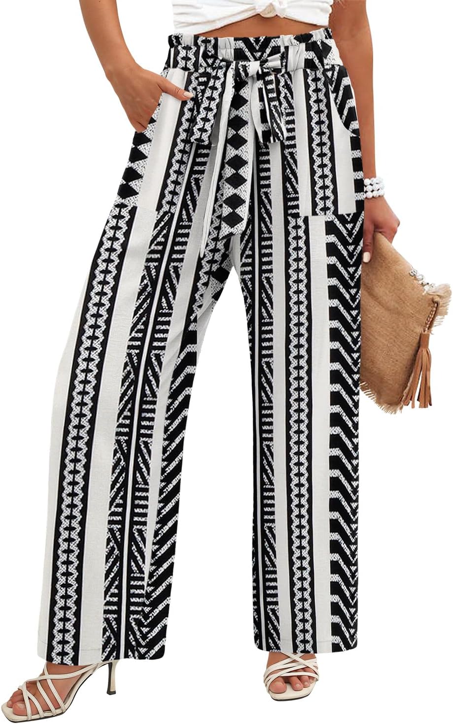 Angerella Womens Wide Leg Pants High Elastic Waist Adjustable Knot Casual Flowy Trousers Business Work Pants with Pockets