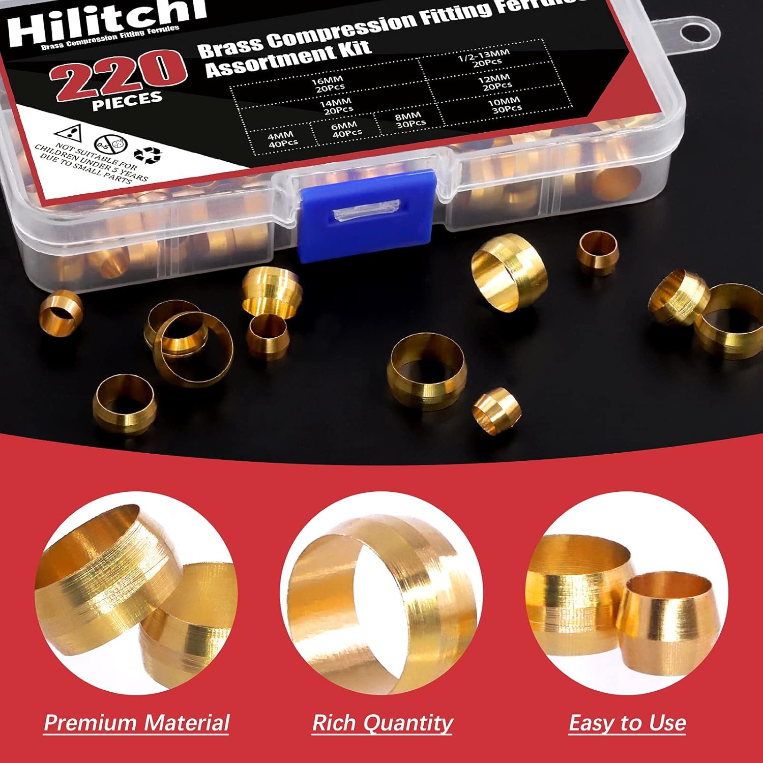 Hilitchi 8Sizes Tube OD 4mm-16mm Brass Compression Sleeves Ferrules Compression Fitting Kit (Metric, 220Pcs)