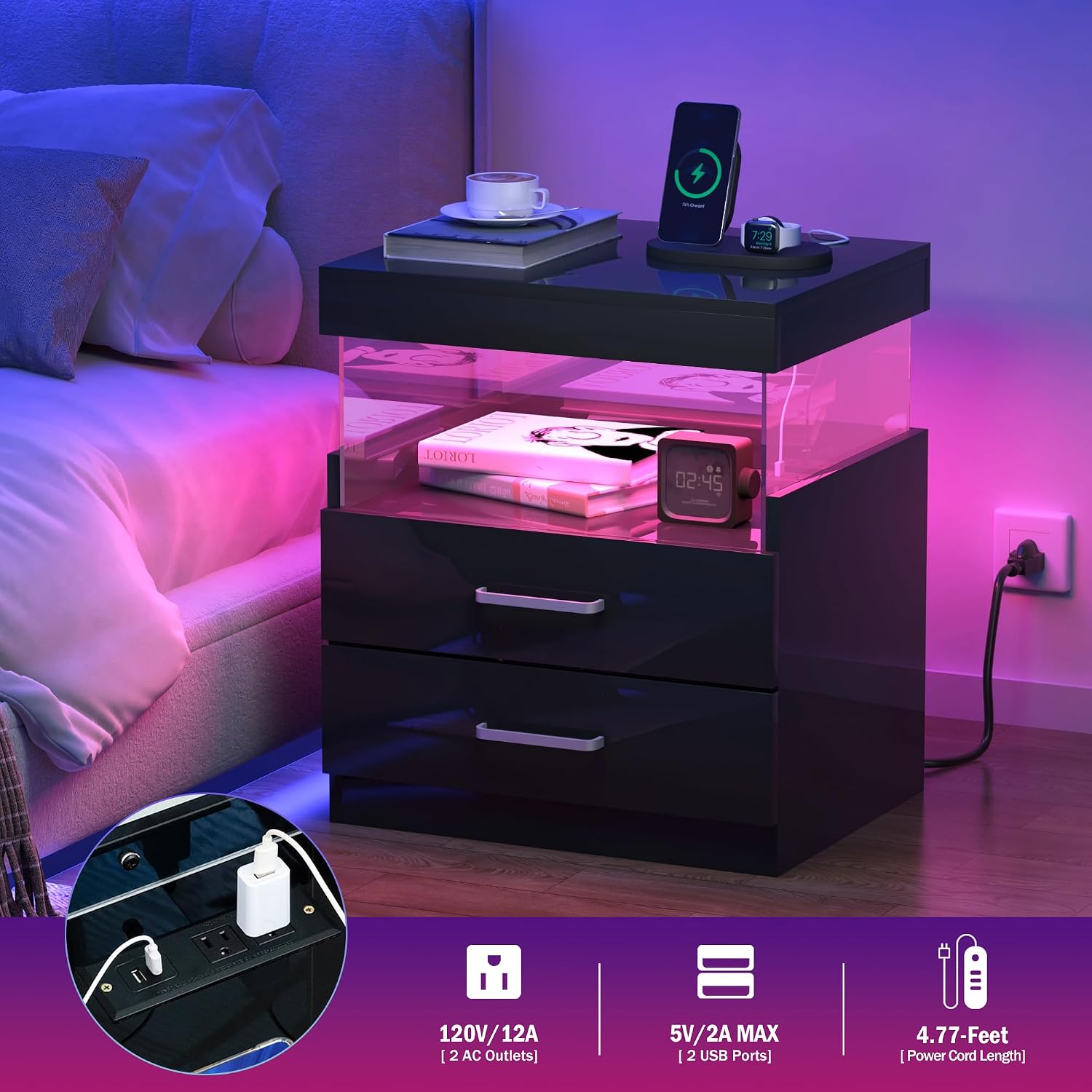 WelFurGeer High Glossy Night Stand, Black LED Night Stand with Charger Station, Bedside Table with Drawers, Modern Nightstands, Wood Small Nightstand, Nightstands with Drawers for Bedroom