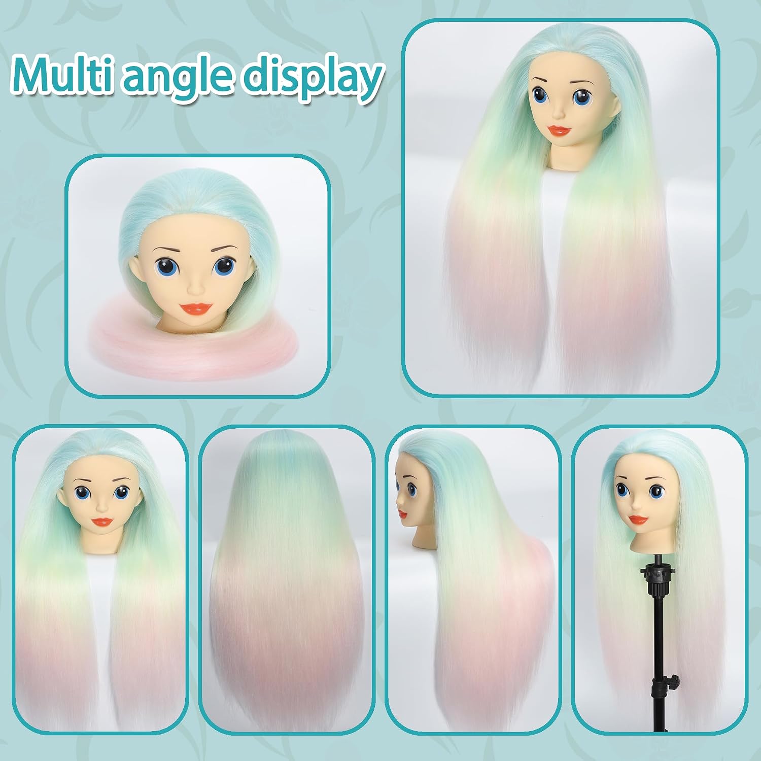 Mannequin Head with Hair 24'' Doll Head for Hair Styling Training Head Manikin Practice Cosmetology Doll Head Styling Hairdressing Training Braiding Heads with Clamp Holder (Unicorn)