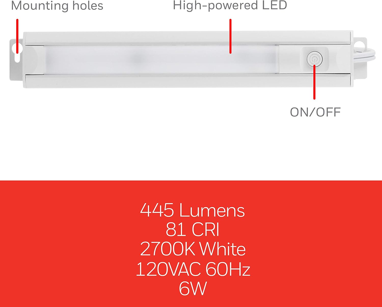 UltraPro 16in. LED Fixture, Under Cabinet Light, 2700K Warm White, 445 Lumens, Closet, Kitchen, Flat Plug, 44128