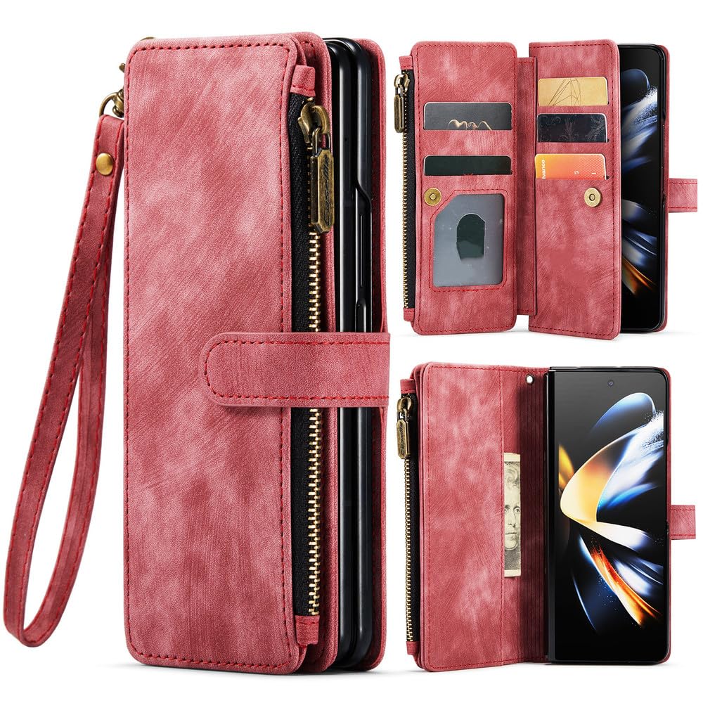 Funda Tipo Billetera de Cuero con Cremallera para Samsung Galaxy Z Fold 5 4 3 5G Funda Tipo Monedero con Ranuras para Tarjetas para Z Fold5 Fold4 Fold3, Rojo, para Z Fold4