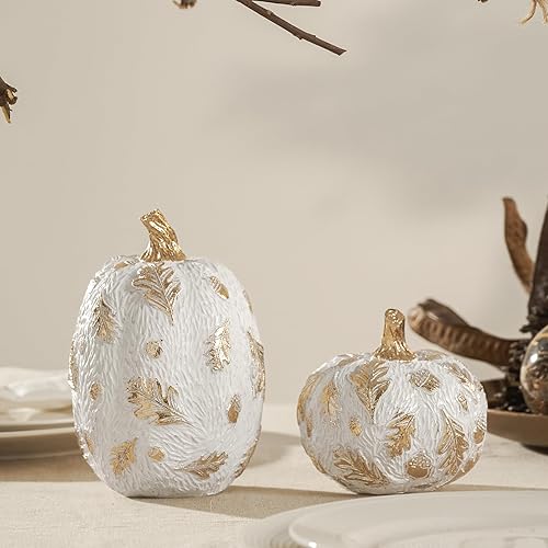 Miniatura 5 de DN DECONATION 2 piezas de decoración de calabaza de otoño, resina falsa, decoración de mesa de calabaza, figuras de calabazas blancas para decorar