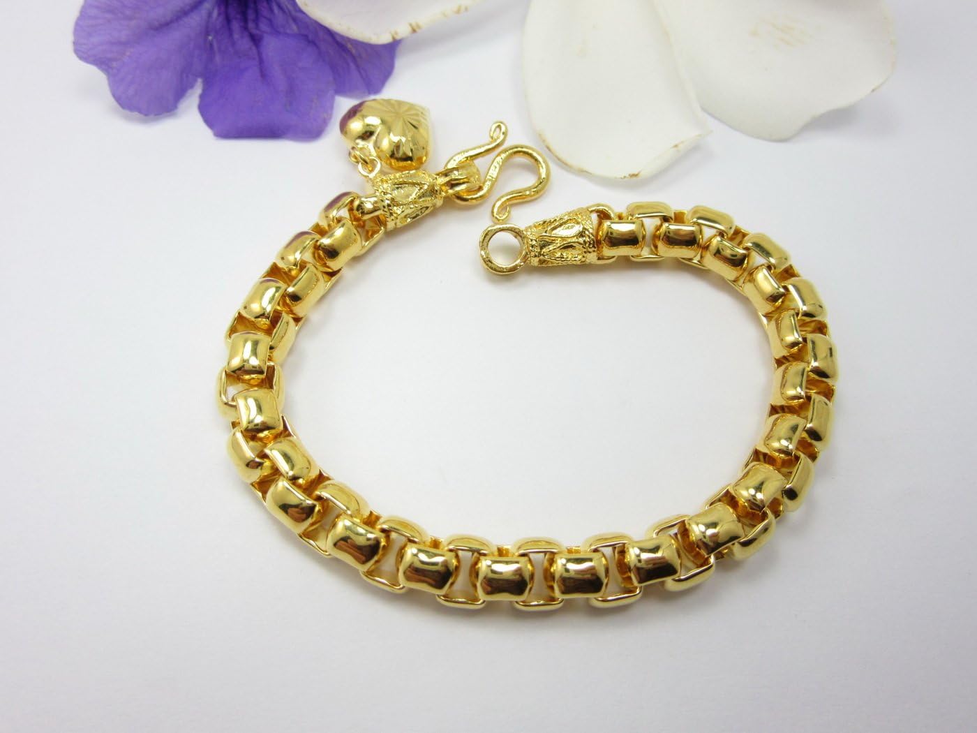 Thailand's Classic Box Link 7" Heart Charm Bracelet 24k Gold Plated Thai Baht Style