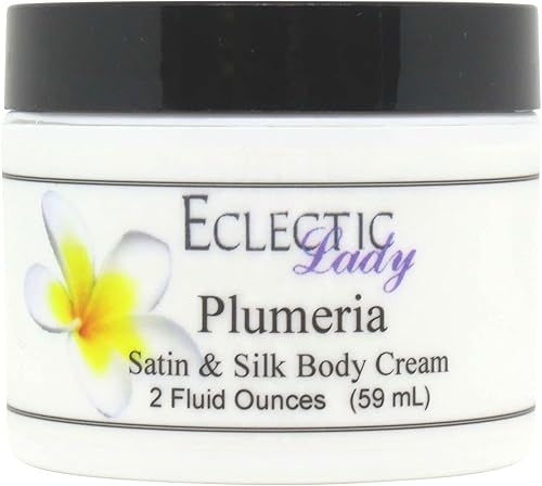 Eclectic Lady Plumeria - Crema de satén y seda, crema corporal, loción corporal, 4 onzas, manteca de karité, aloe, aminoácidos de seda, vitamina E,