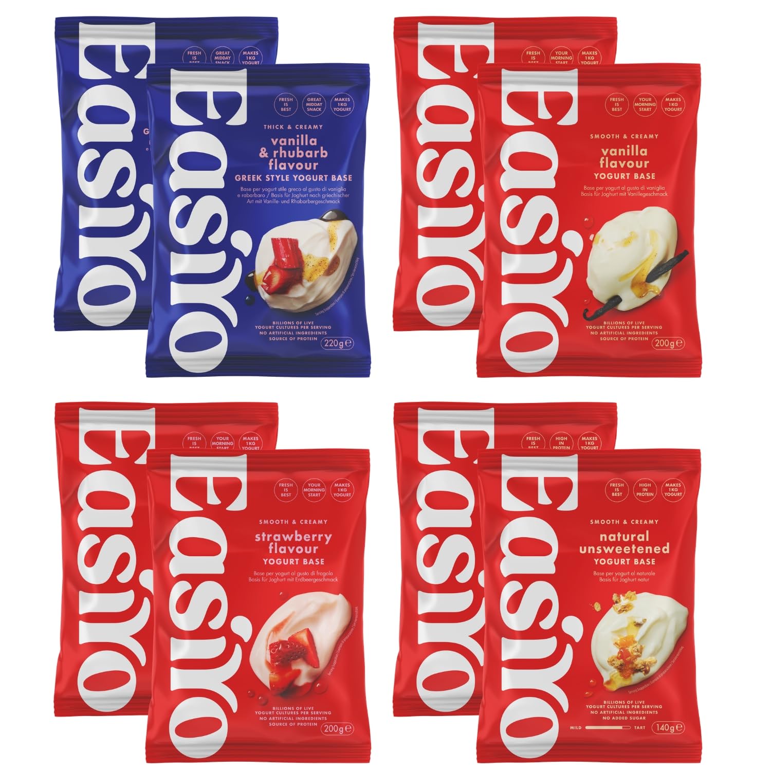 EasiYo Yogurt Confezione Mista da 8 Buste | 2x Gusto Greco Vaniglia & Rabarbaro, 2x Naturale, 2x Vaniglia, 2x Fragola | Ogni Busta Prepara 1kg | Senza Glutine e Vegetariano