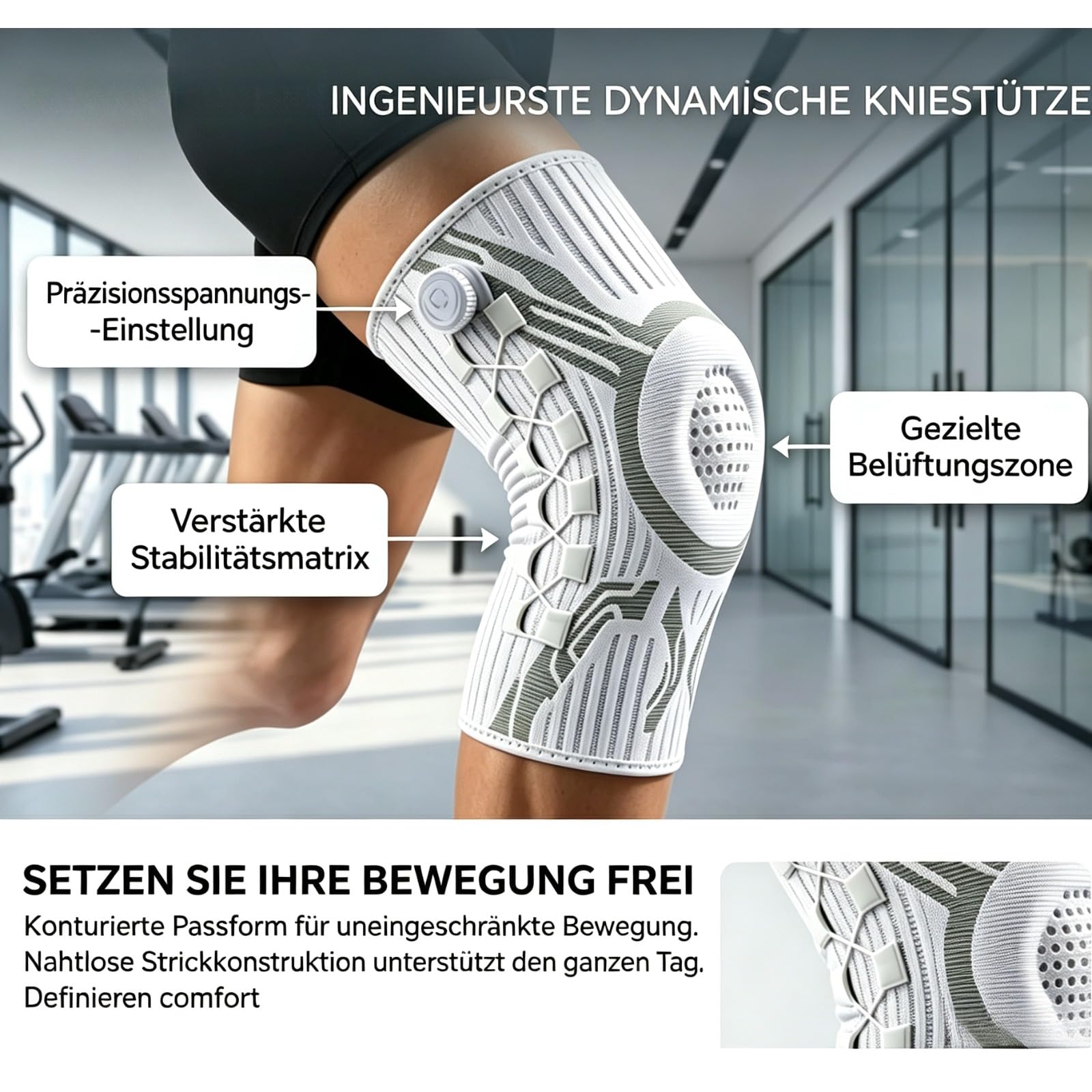 Gymfitting Knauf-Kniebandage Zur Schmerzlinderung, Verstellbar Mit Drehknopf Für Sport Und Alltag (Weiß-rechts,L)