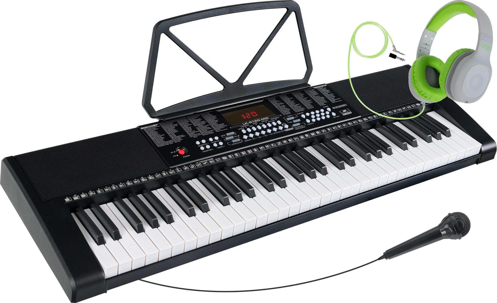 McGrey LK-6120-MIC Keyboard z mikrofonem i zestawem słuchawek dla dzieci – klawiatura dla początkujących z 61 przyciskami świecącymi – 255 dźwięków i 255 rytmów – 50 utworów demo – mikrofon i