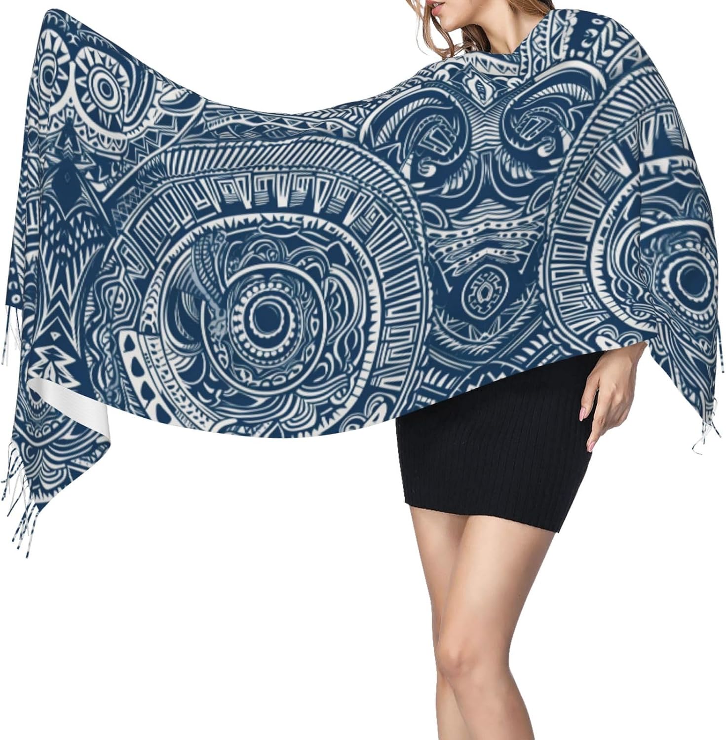(Blue Polynesian Maori Tribal Pattern) Women's Soft Warm Scarf Large Plush Shawl Wrap with Fringe Fashion Winter Scarves for Cold Weather