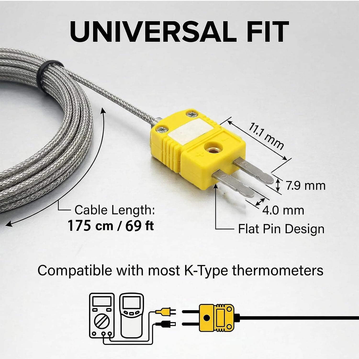 K Type Thermocouple Probe TL0500,-40°F to 850°F, 69" Long Wire | Alligator Clip Temperature Probe Sensor, Male Mini Connector for Multimeter, HVAC, Pipe and Industrial Use