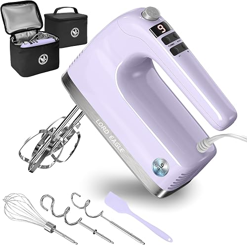9-Speed Digital Hand Mixer Electric Handheld 500W, Purple | DC Motor Kitchen Mixer for Cake Baking, Lightweight Egg Beaters with Stain-resistant & Waterproof Storage Bag & 6 Accessories