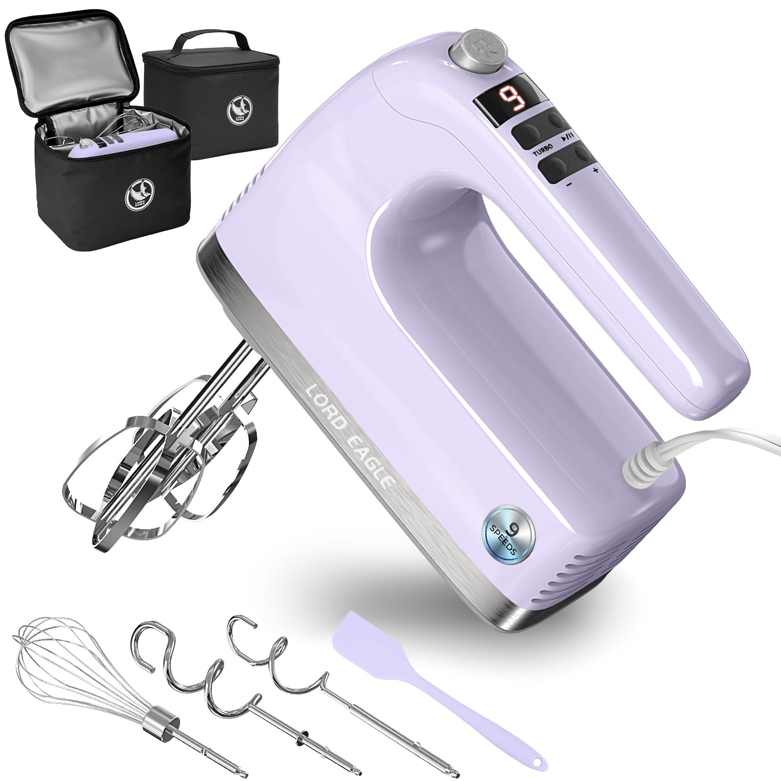 Lord Eagle Sbattitore manuale digitale a 9 velocità, motore da 500 W CC, miscelatore da cucina per cuocere torte, frusta per uova leggero, con custodia antimacchia e impermeabile e 6 accessori, viola