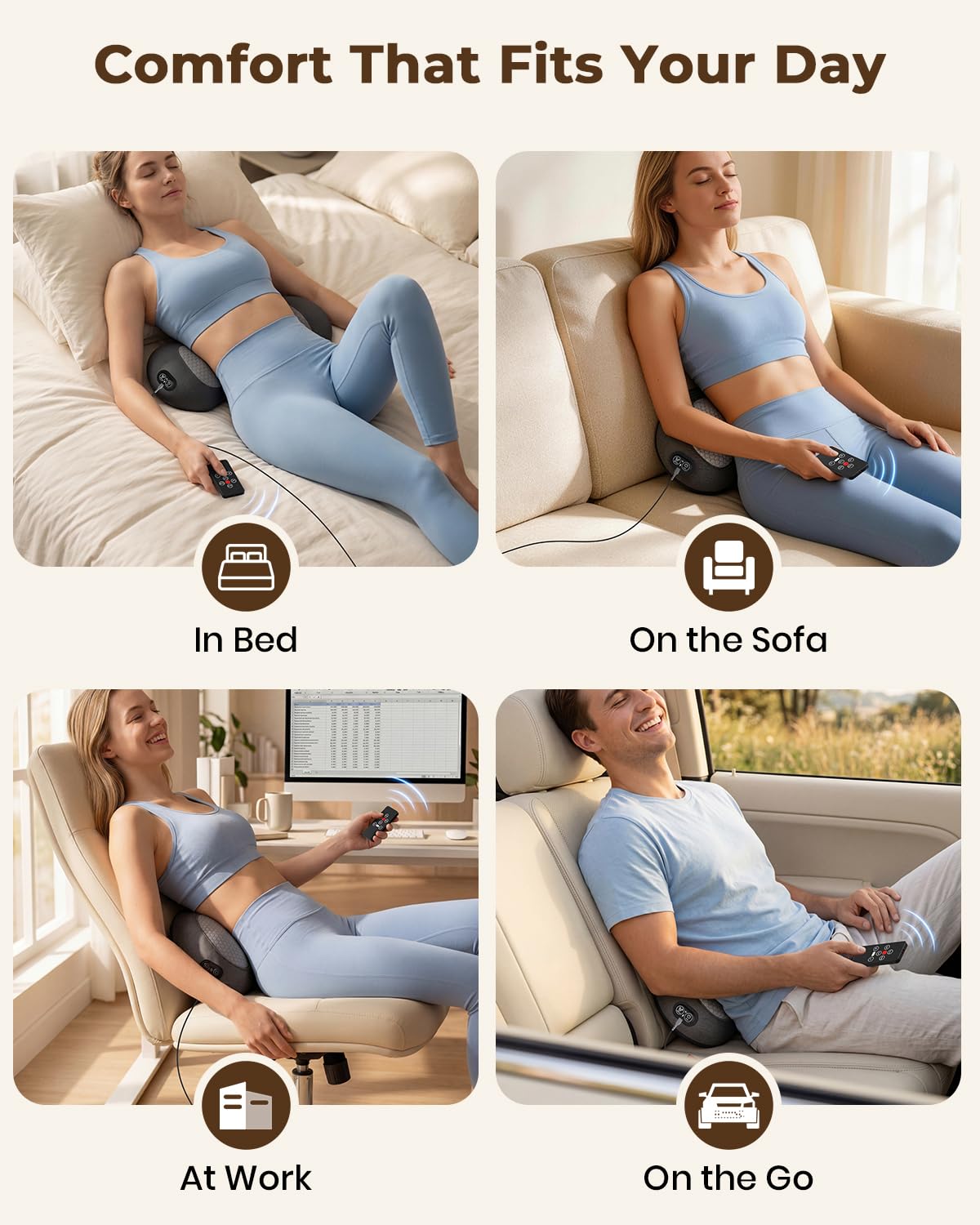 3-in-1 Lendenwirbelstützkissen mit Fernbedienung, Triple Fusion Rückenmassagegerät mit Wärme, Vibration & Dehnung für den unteren Rücken, Tragbares elektrisches Lendenkissen für Zuhause, Büro, Reisen