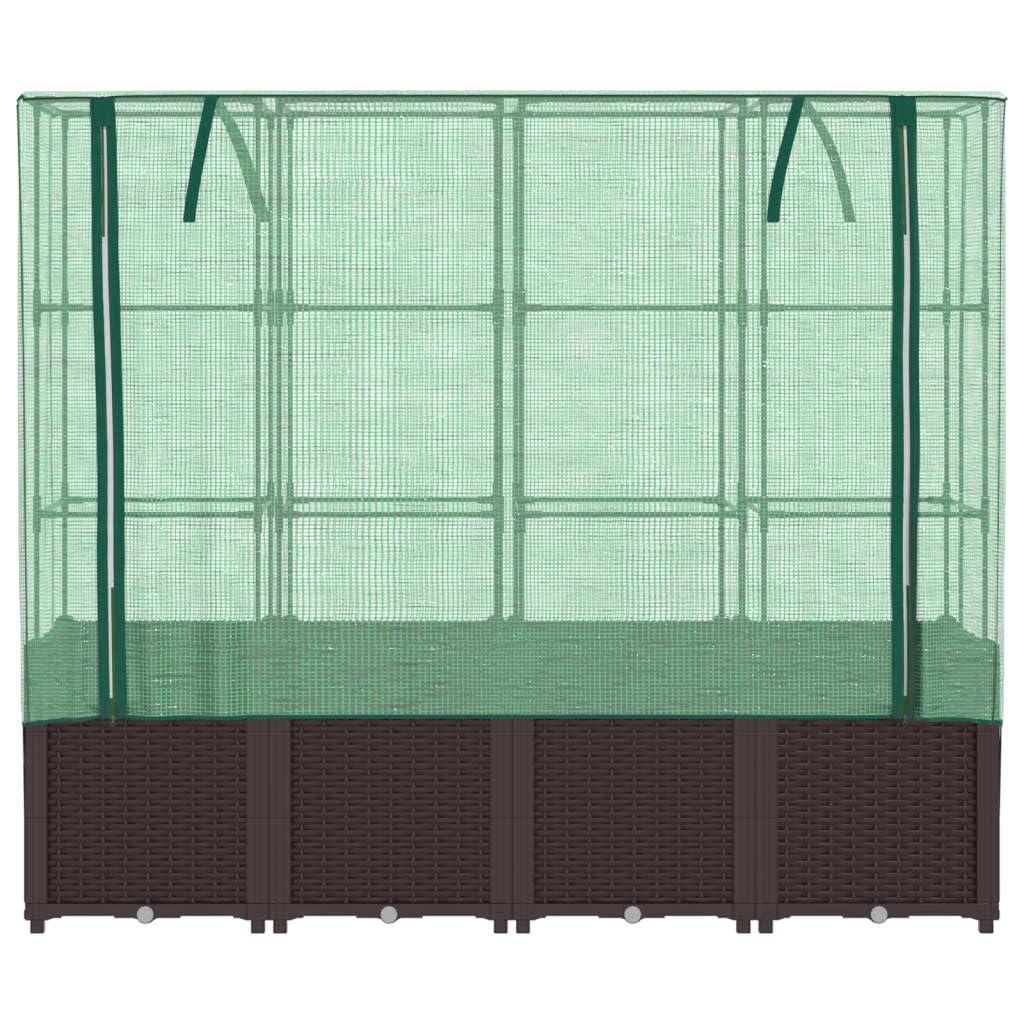 Jardinera con accesorio de invernadero en aspecto de ratán marrón, 160 x 40 x 153 cm, marco de tubo de hierro estable, cubierta de polietileno impermeable, ideal para jardín, balcón, jardinera y