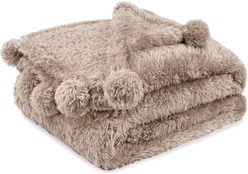PAVILIA Tan Sherpa Throw Blanket for Couch, Warm Plush Pom Pom Blanket Throw Twin, Fuzzy Sofa Blanket Throw for Bed, Lightweight Soft Cozy Fluffy Blanket with Pom Poms, Taupe, 60x80