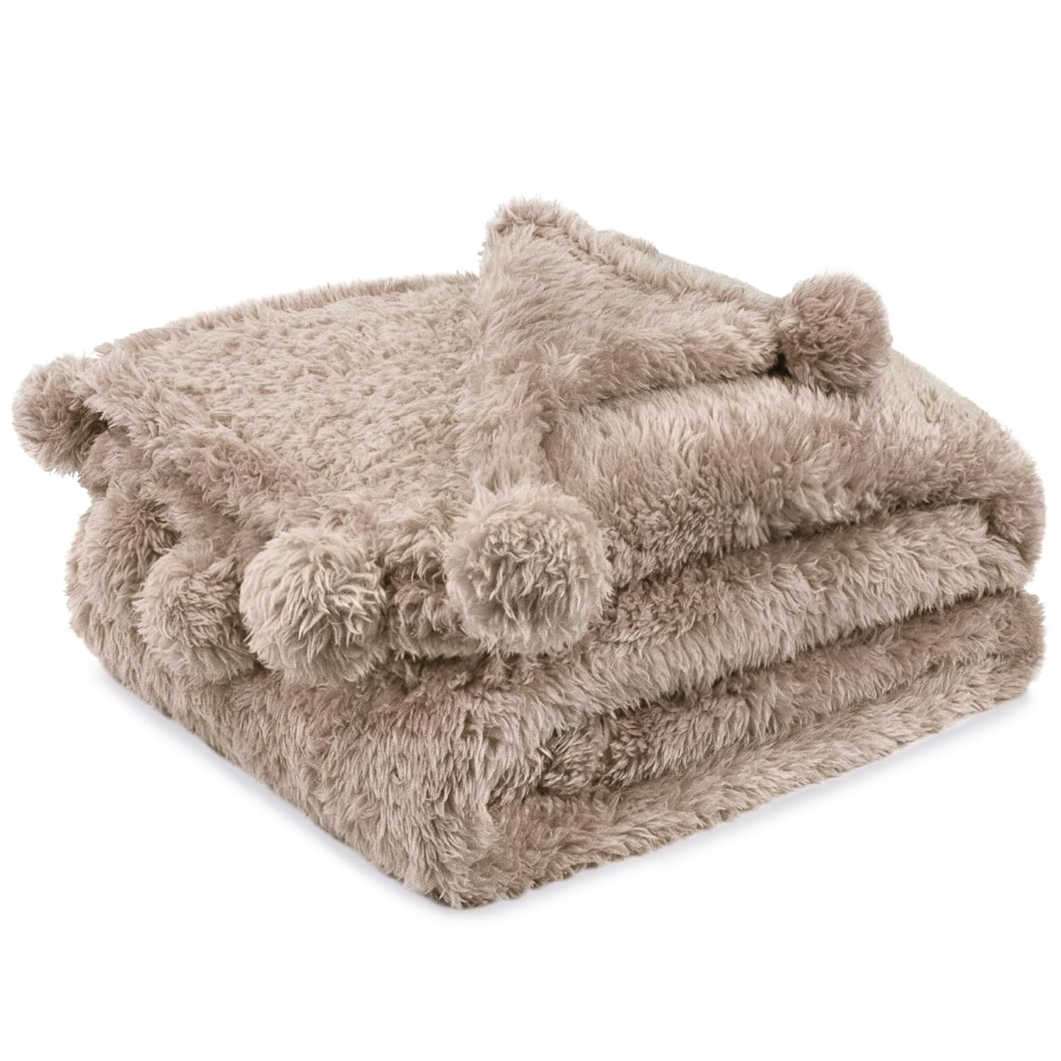 Pavilia Men's Tan Taupe Sherpa Twin Throw Blanket With Soft Pom Pom Fringe, Plush Cozy Warm Sherpa Blankets For Couch Bed Sofa, Fuzzy Fleece Throw With Pompom, Lightweight Fluffy, Taupe, 60X80 In