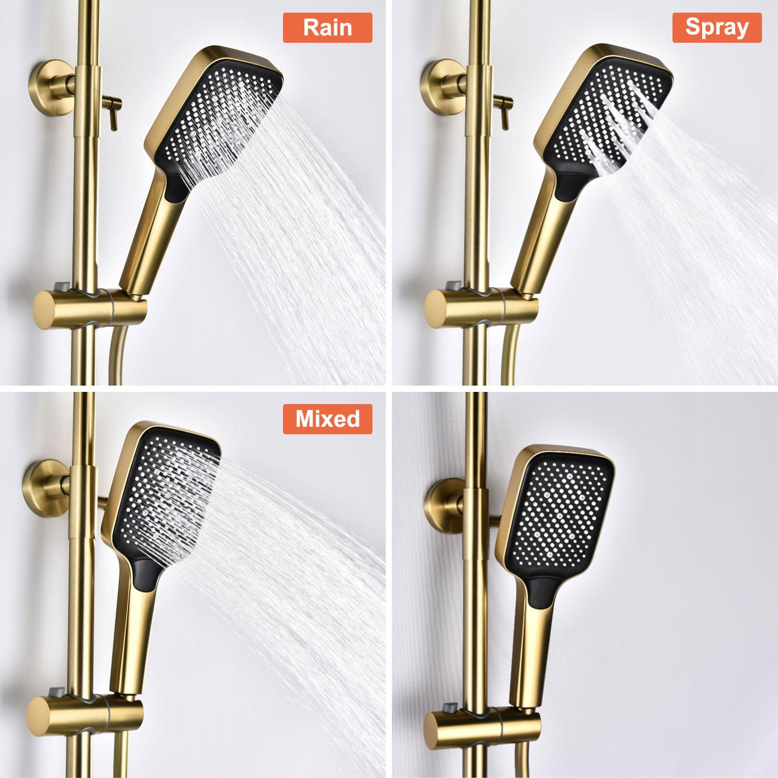 Colonne de Douche Thermostatique, 4 Touches de Piano de Fonction Ensemble de Douche, 31x20cm Carré Pommeau de Douche, Affichage Numérique, Lumière d'ambiance à DEL 360° (Or Brossé)