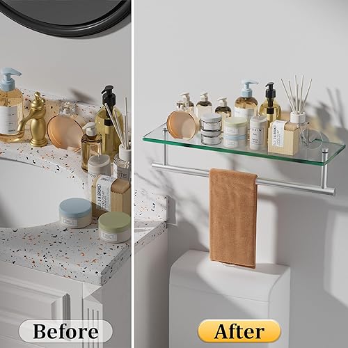 Miniatura 7 de Alise Estantes de vidrio para baño, estantes flotantes de vidrio de 15.7 pulgadas para pared, estantes flotantes de acero inoxidable SUS304 para