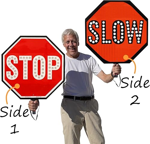 Miniatura 3 de SmartSign Retén LED de 24 pulgadas, batería recargable y cargador, letrero de aluminio reflectante de mano de 24 pulgadas con correa, modos de luz