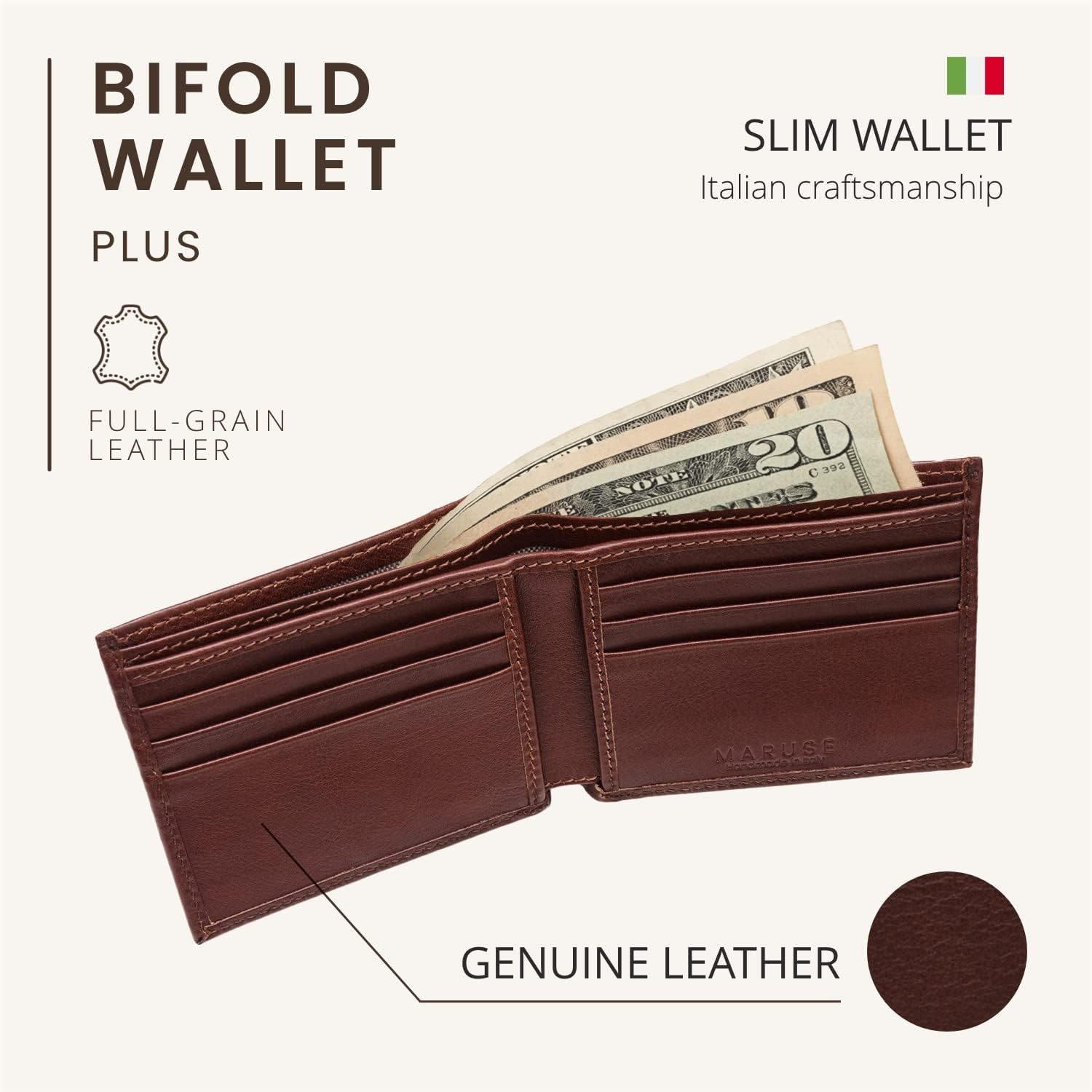 Maruse Bifold Wallet - Slim Leather Wallet – Genuine Italian Calf Leather Wallet – Elegant and Classy – Versatile and Minimalist Wallet for Men – Convenient Interior Pockets – Exquisite Present, Brown - Image 2