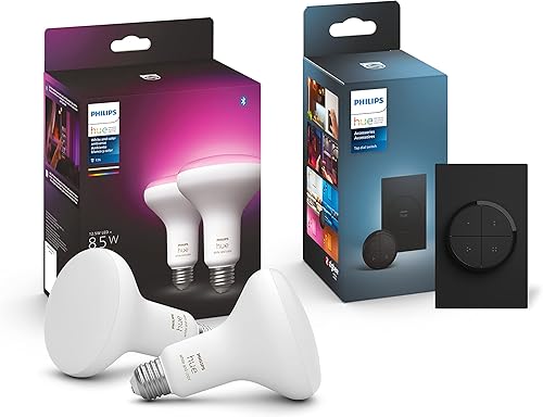 Philips Hue (1) Interruptor de luz de esfera negra con (2) bombillas LED Smart 85W BR30, luz blanca y cambio de color ambiental de color, 1200 LM,