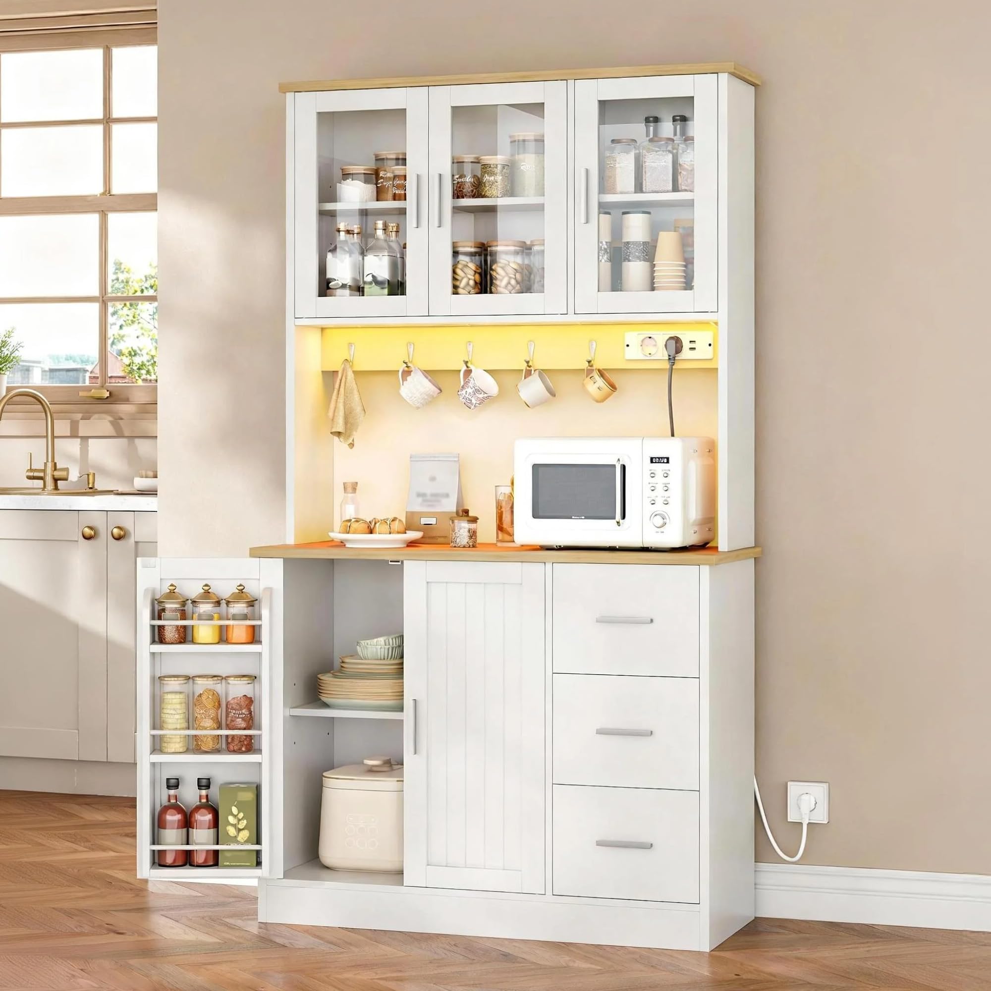 Hzuaneri Meuble Cuisine, Buffet, avec Étagère à 6 Niveaux Derrière Les Portes, 5 Portes et 3 Tiroirs, Éclairage LED et Multiprise, Cuisine, Salon, Chêne-Blanc, 40 x 100 x 180 cm, PT10303XEU | Étagère 6 niveaux après porte, 5 portes et 3 tiroirs, pour cuis