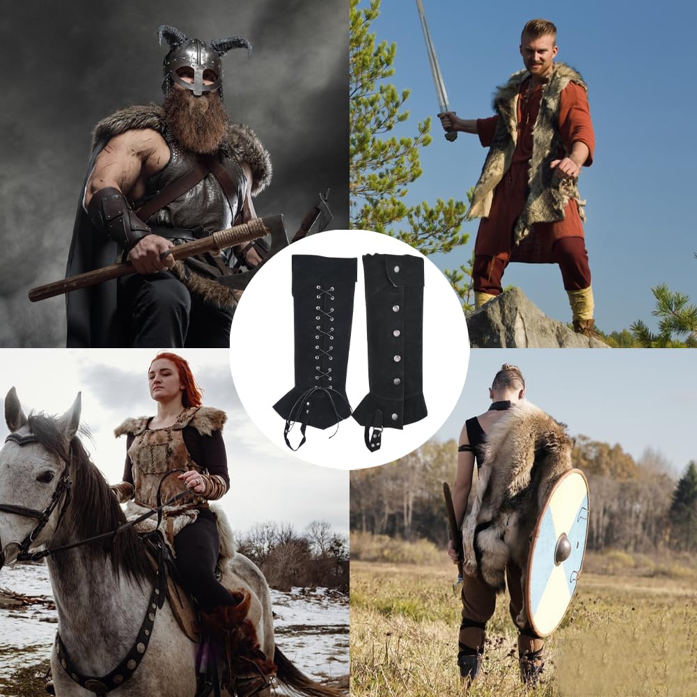 GORGECRAFT 2Stk Piraten-Stiefelüberzüge Mittelalterliche Beinschützer Gamaschen Renaissance-Stiefel Beinwickel Schwarzes Kunstleder Verstellbare Stiefeloberteile Schuhüberzug Halloween Cosplay Kostüm