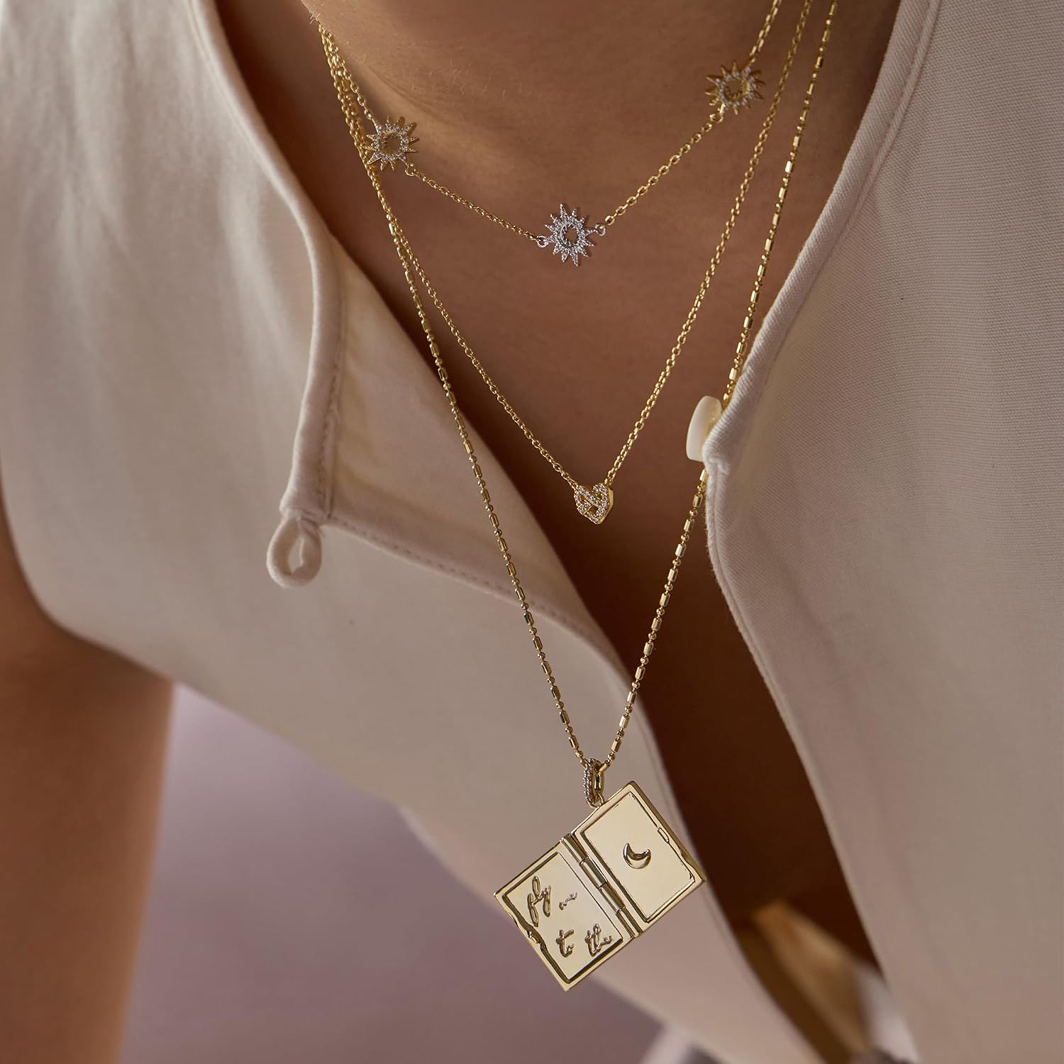 Wanderlust + Co Fly Me To The Moon Gold Locket Necklace 14K Gold Plated Hypoallergenic Shower-safe Jewelry