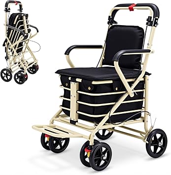 The Fellie Foldable Walk and Rest Shopping Trolley with Seat for Elderly, 27L Sit & Go Shopping Trolley on Wheels with Backrest, Breakes & Removable Bag, Black