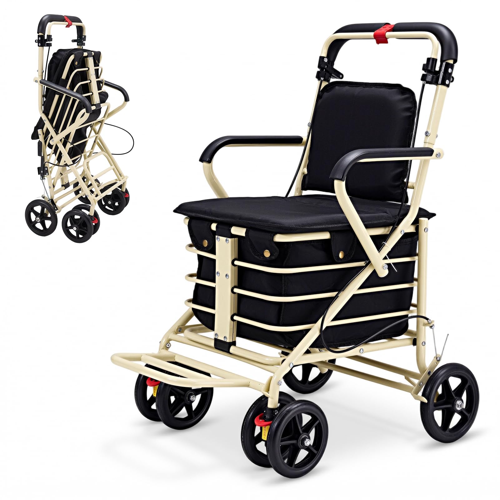 The Fellie Foldable Walk and Rest Shopping Trolley with Seat for Elderly, 27L Sit & Go Shopping Trolley on Wheels with Backrest, Breakes & Removable Bag, Black