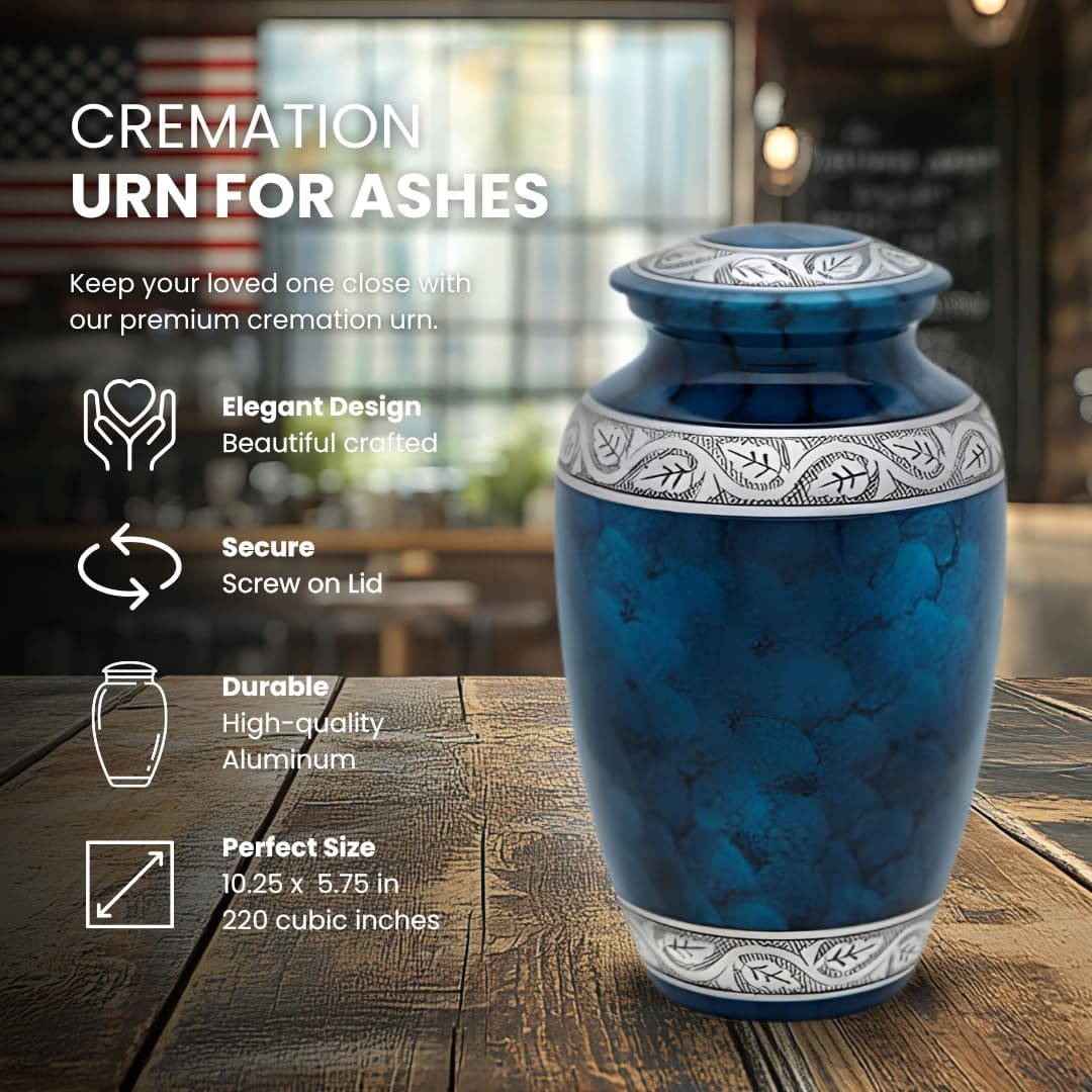 Mediterranean Mystic Blue Aluminum Cremation Adult Urn for Human Ashes w Velvet Bag