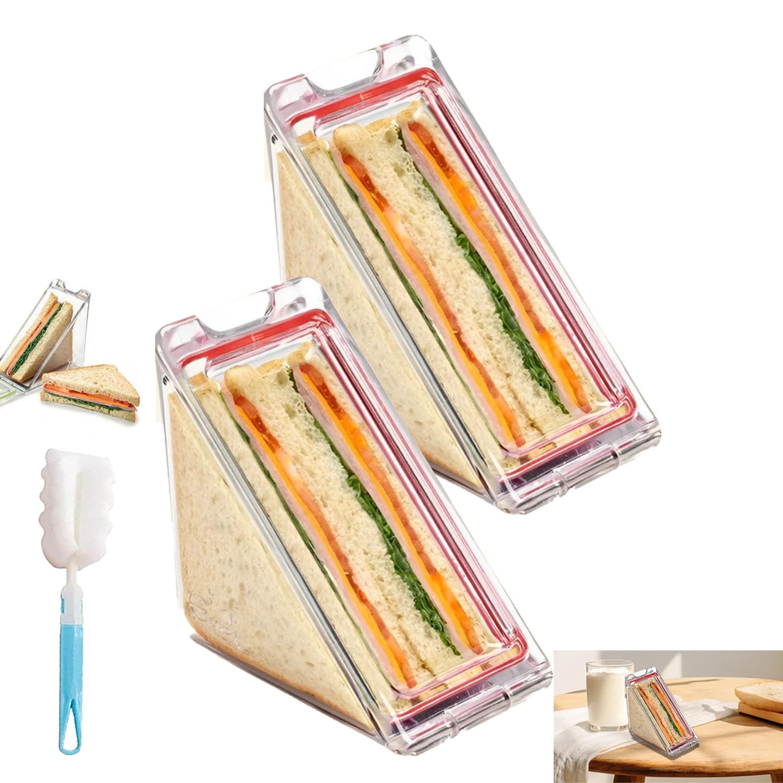 2 PCS Triangle Sandwich Box, Washable with Cover, Picnic Travel Container Reusable (Cleaning Brush)
