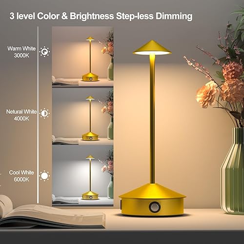 Miniatura 3 de Juego de 2 lámparas de mesa inalámbricas, lámpara de escritorio LED portátil, funciona con batería de 6000 mAh, lámpara recargable de 3 niveles de