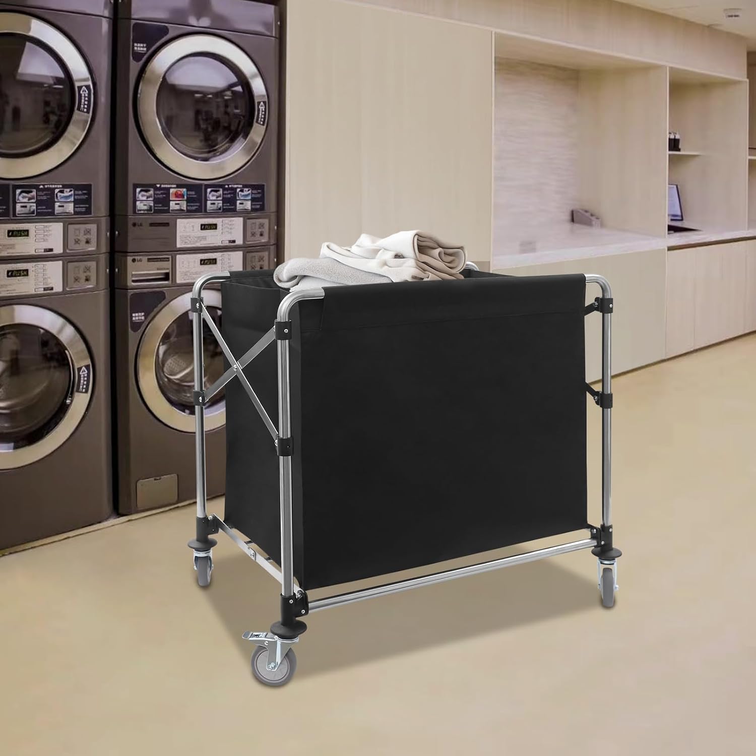Commercial Laundry Cart with Wheels - 470L Foldable Industrial Laundry Basket with Steel Frame & Waterproof Bag, 220 lbs Capacity for Hotel Hospital Home Use, Black, 35.43 × 23.62 × 34.65in