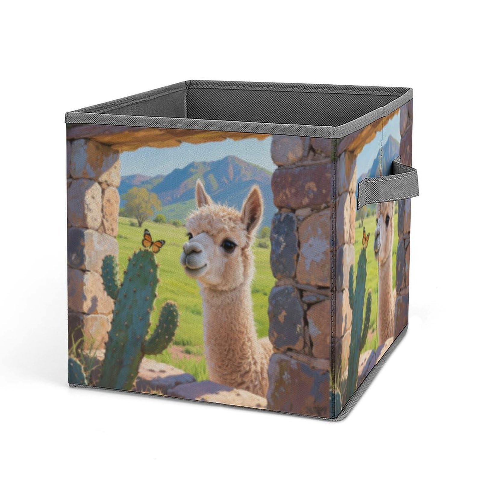 Cute Llamas Alpaca With Cactus Cube Storage Bins with Handle, Foldable Storage Cubes, 11 Inch Large Storage Baskets, Washable Fabric Closet Organizer for Shelves, Decorative Clothes Storage Boxes