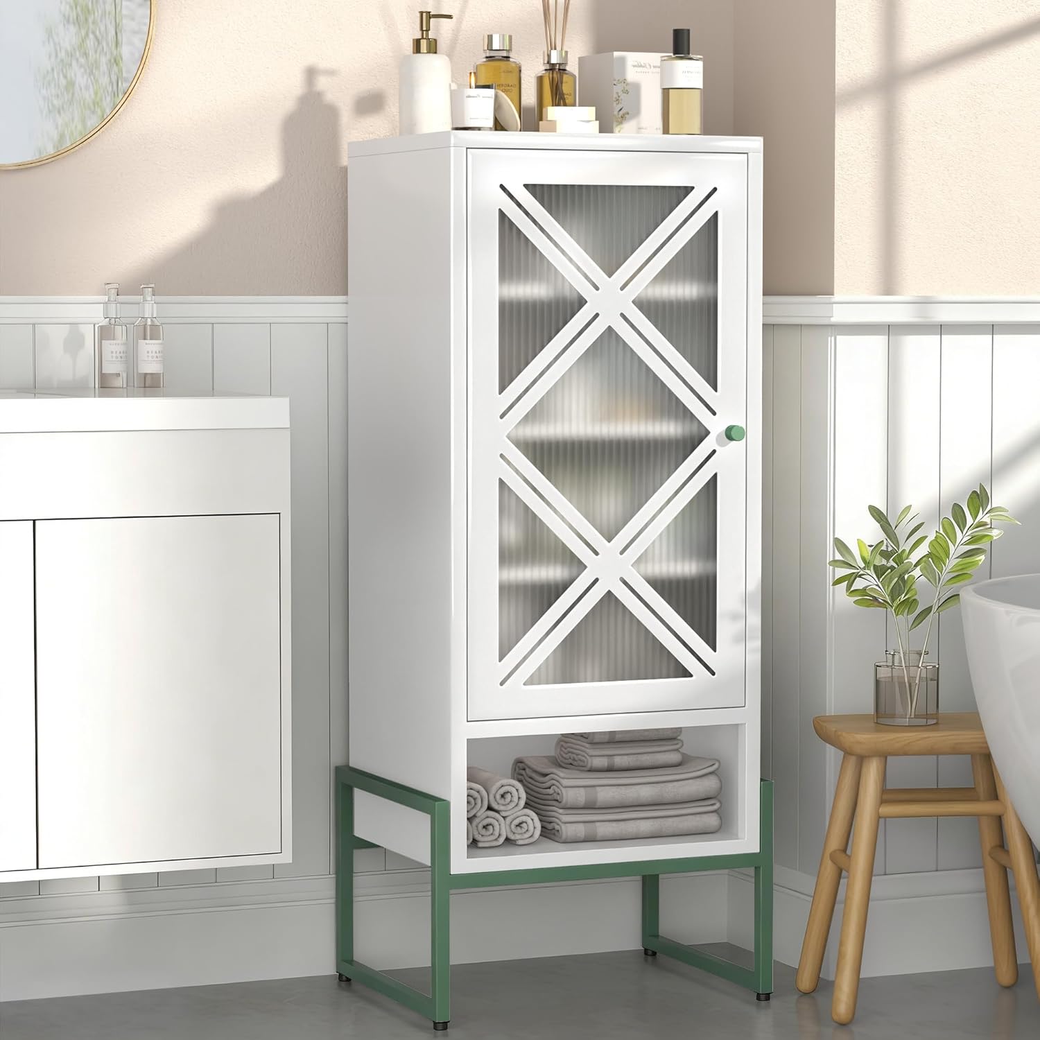 LEYNOT Small Bathroom Storage Cabinet,Metal Pantry Cabinet with Door and Adjustable Shelves,42.51x 16.53x13.77 Cupboard for Kitchen,Living Room,Entryway,Dining Room (Openwork X-Shaped, White)