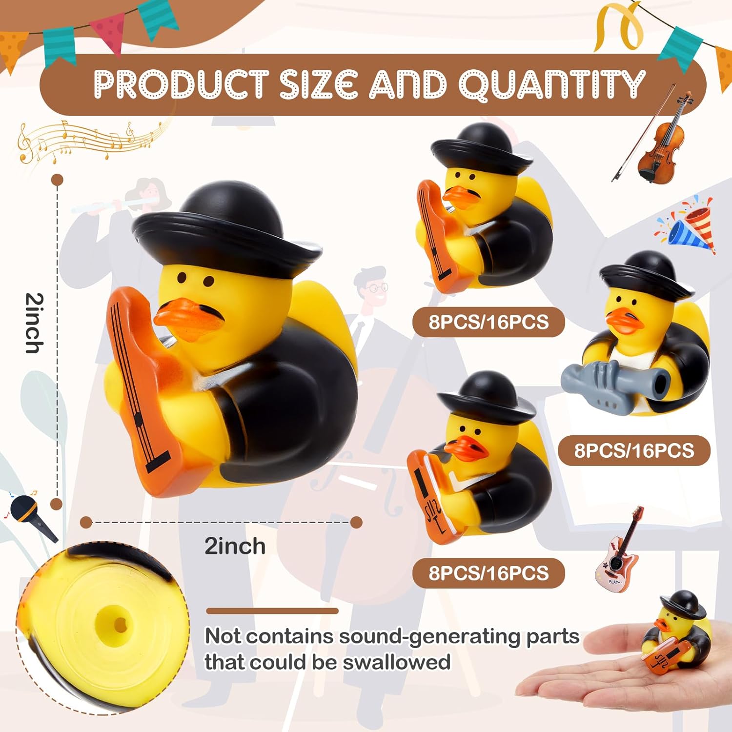 DEEKIN 48 Pcs Mexican Rubber Ducks Bulk 2 Inch Mariachi Band Pattern Rubber Ducks for Cinco de Mayo Mexican Band Party Favors Decoration