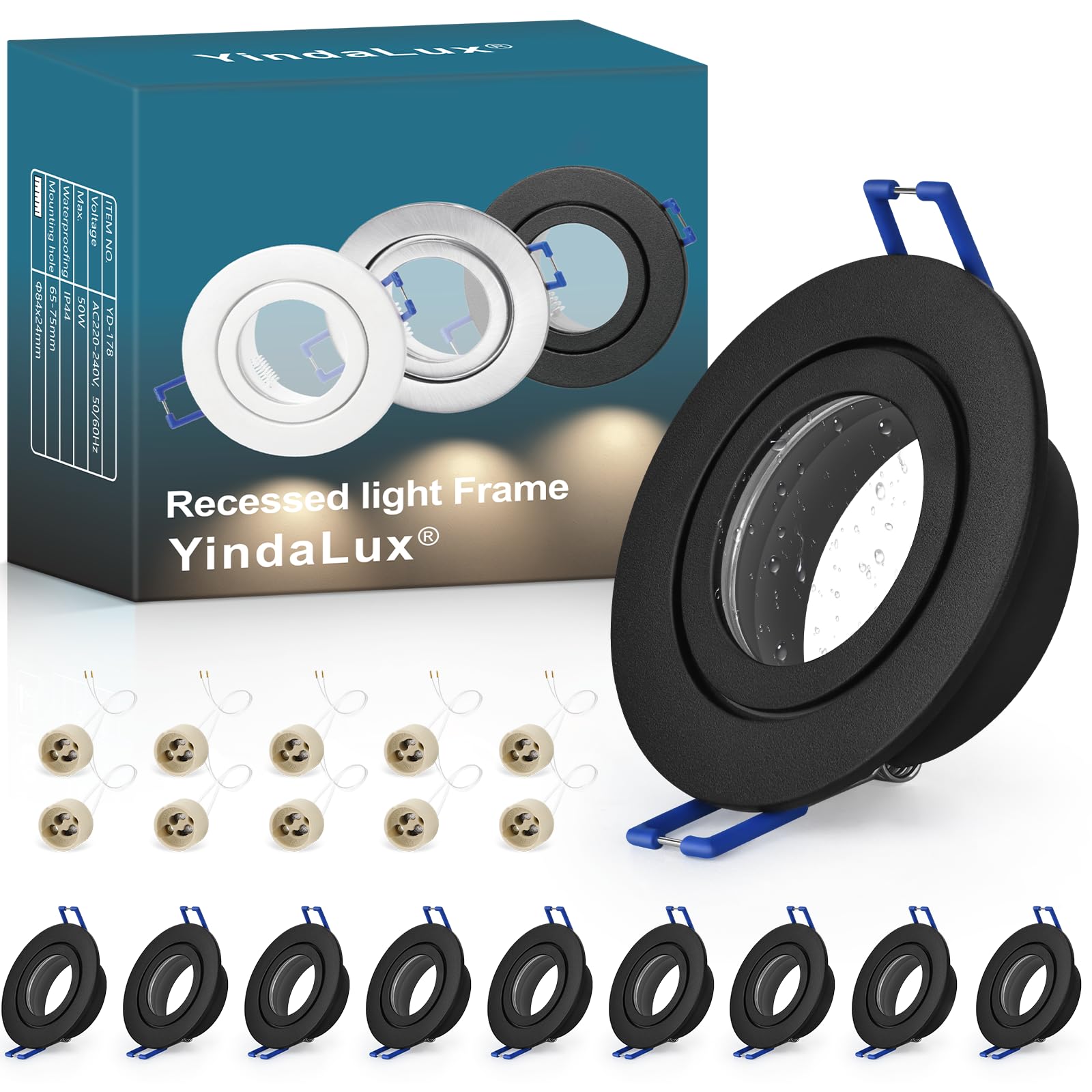 YindaLux 10 Pack GU10 Downlight Frames IP44 Black, Aluminium Recessed Spotlight Bezels for Bathroom, 230V Ceiling Spots with GU10 Holder, Ø84mm, Cut-Out 65-75mm, Bulb Not Included