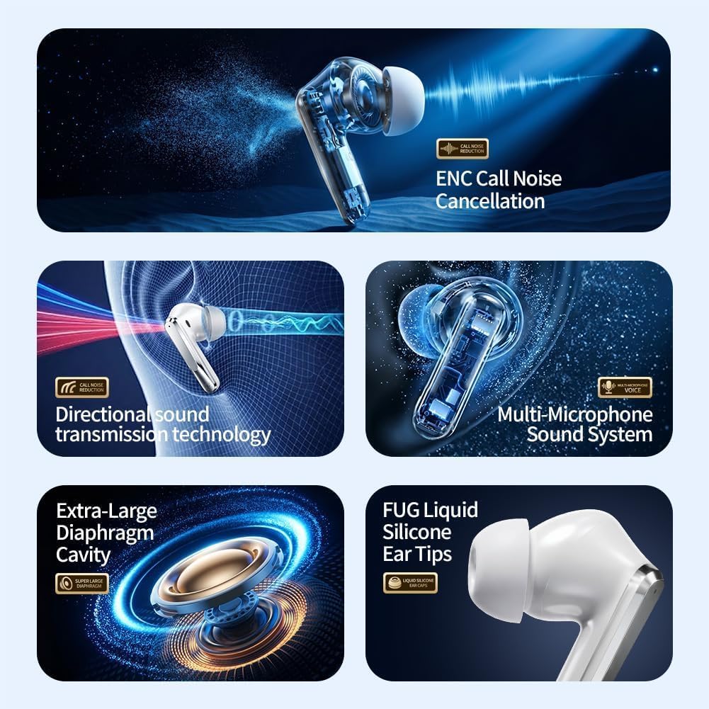 Écouteurs Bluetooth, écouteurs Intra-Auriculaires sans Fil, Bluetooth 5.4, 30 Heures de Lecture stéréo, étanches Professionnels, Interface USB-C, réduction Intelligente du Bruit （Blanc）