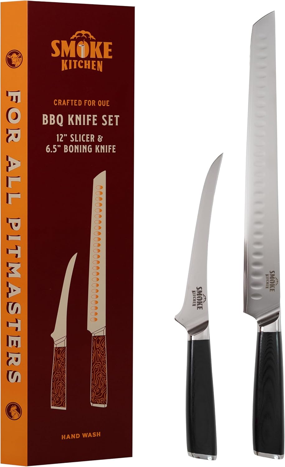 Smoke Kitchen BBQ Knife Set – 12" Brisket Slicing Knife & 6.5" Boning Knife – VG-10 Steel, Full Tang, G10 Handle – Trim, Slice & Carve Brisket, Ribs, Chicken, Pork – Pitmaster Gift
