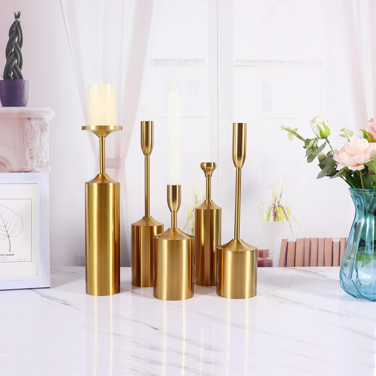 Vidisan Gold Candlestick Holders,Mantel Candle Holder Set,Metal Taper Candle Holder Vintage Mid-Century for Wedding,Dining,Table Party Recption Tabletop Decor Luxury,Home Decor
